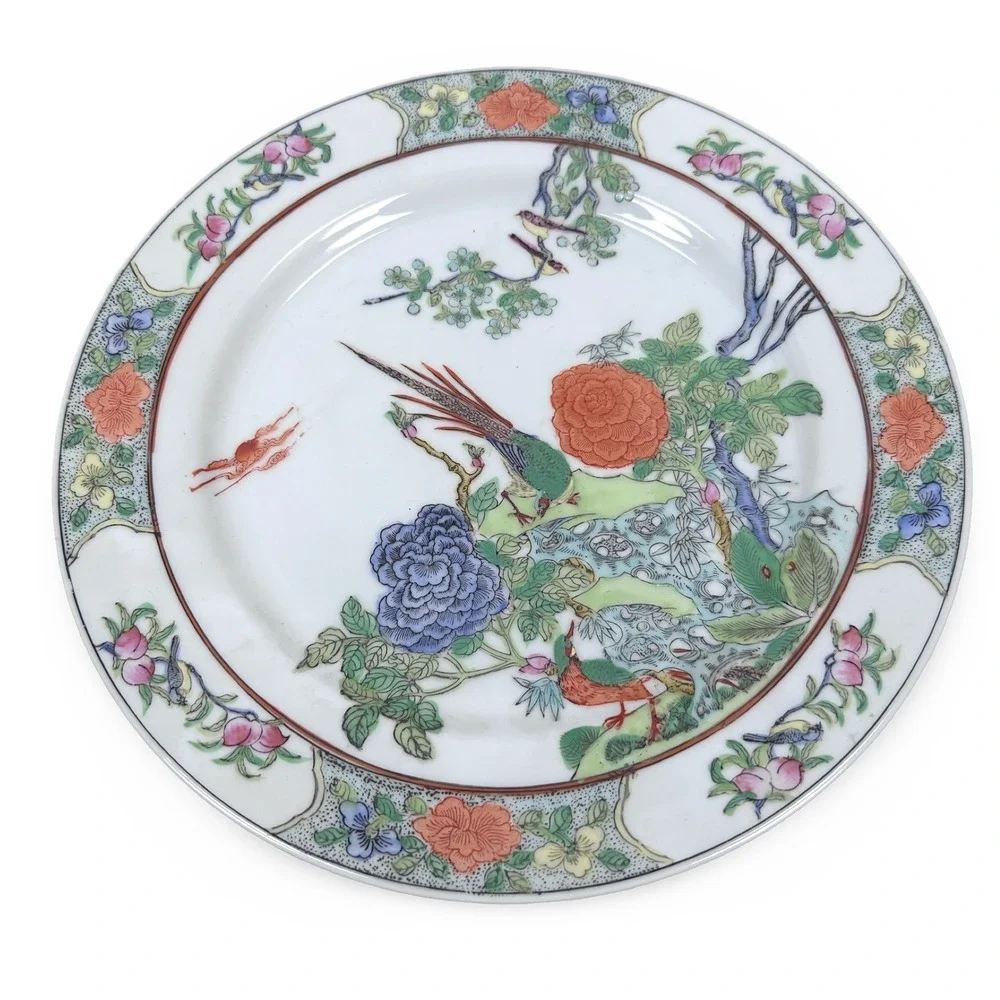 YSAHF Hand Painted Hong Kong Porcelain Plate Bird Flower Famille Rose 10.5 inch